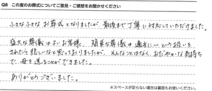 小さな小さなお葬式となりましたが、最後まで丁寧に対応していただけました。